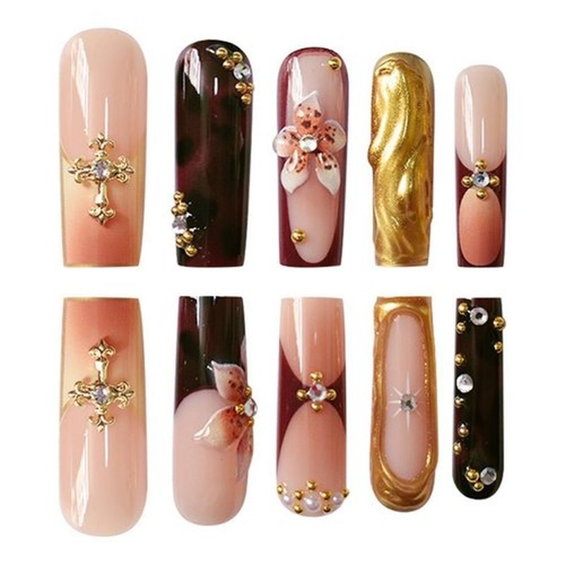 Long Square Press on Nails MABKJLF 3D Gold Curve Line Nails Floral Fake Nails French Tip False Nails with Rhinestones Leopard Print Designs Glossy Glue on Nails for Women Girls 24Pcs
