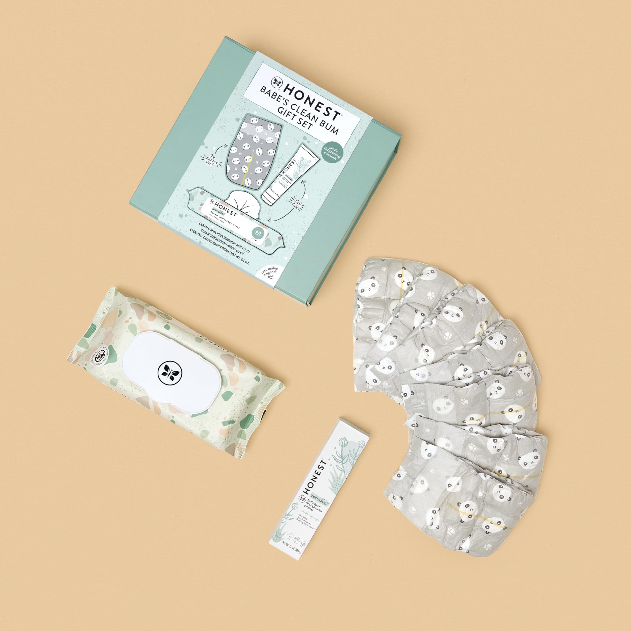 The Honest Company Babe's Clean Bum Gift Set, Diapering and Newborn Essentials 99% Water Wipes 60 ct Diaper Rash Cream 2.5 oz Conscious Diapers Size 1