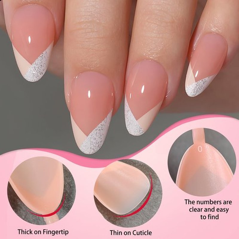 LoveHome 150pc French Tips Press on Nails Short Almond Fake Nails with Glue Tab, Nude Short Nails Press on Nail Almond Glue on Nails Geometric French Acrylic Nail Artificial Fingernail for Women