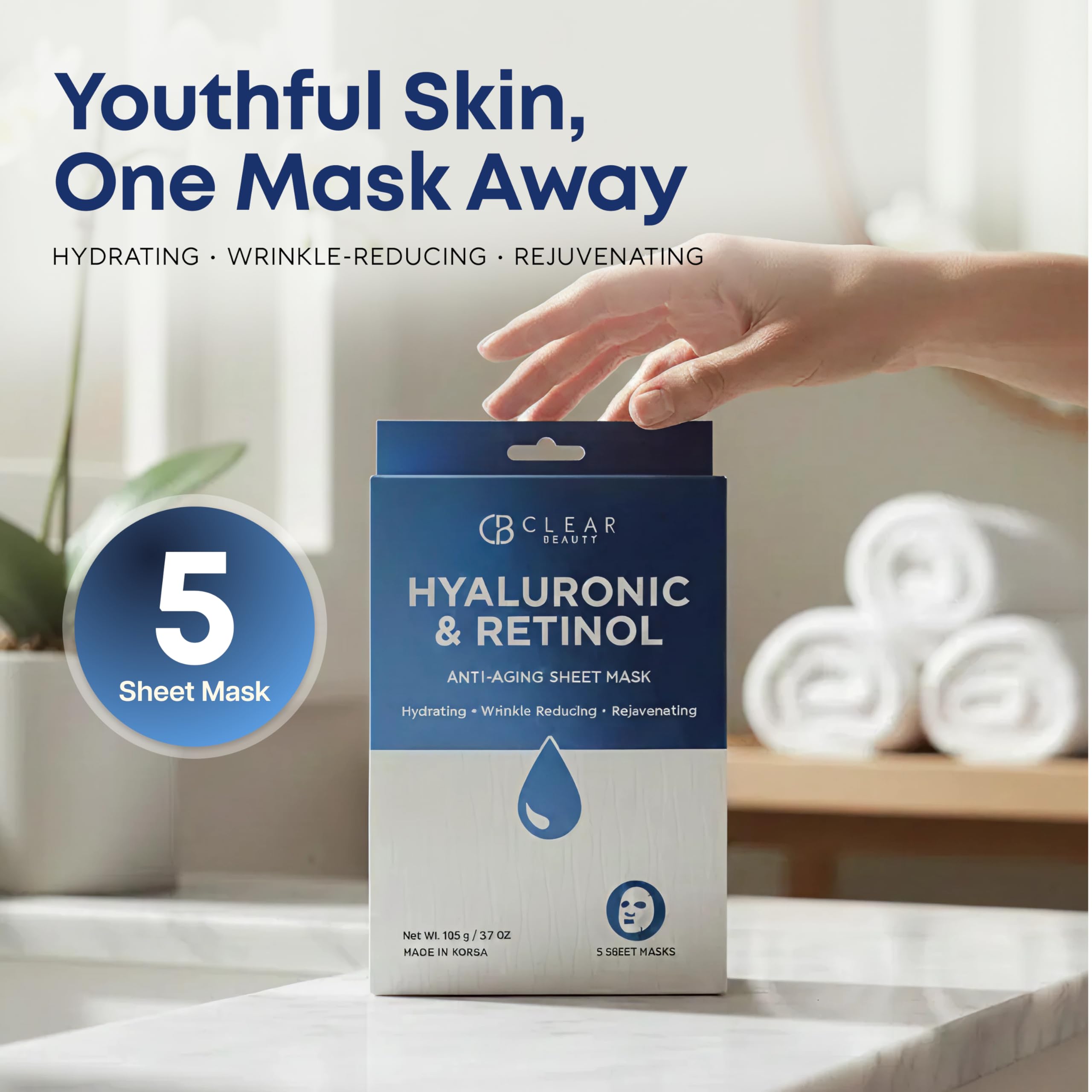 Clear Beauty Sheet Mask with Hyaluronic Acid & Retinol – Hydrating & Anti-Aging Formula For Dry, Dull, Wrinkled Skin – Dermatologist Tested, Korean Skin Care – Vegan Clean Beauty – 5 Sheets