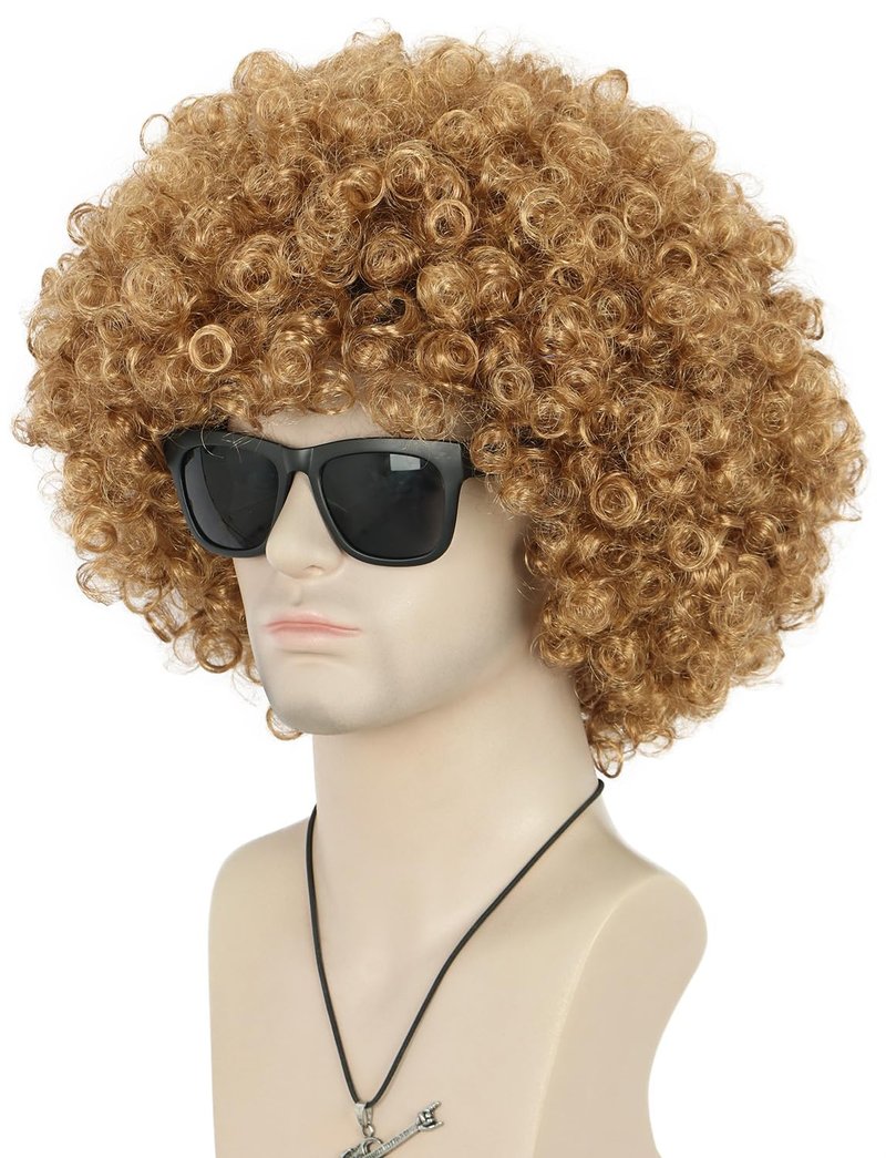 VGbeaty Adult Unisex 60s 70s 80s Short Golden Curly Afro Synthetic Disco Rocker Hippies Hair California Halloween Cosplay Anime Costume Wig (Golden)