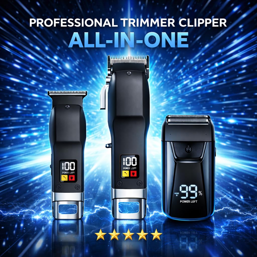 Professional Cordless Hair Clipper and Trimmer Kit for Men, Barber Hair Cutting Set with T Blade Trimmer, Cutting and Thinning Scissors, Guide Combs and Cape