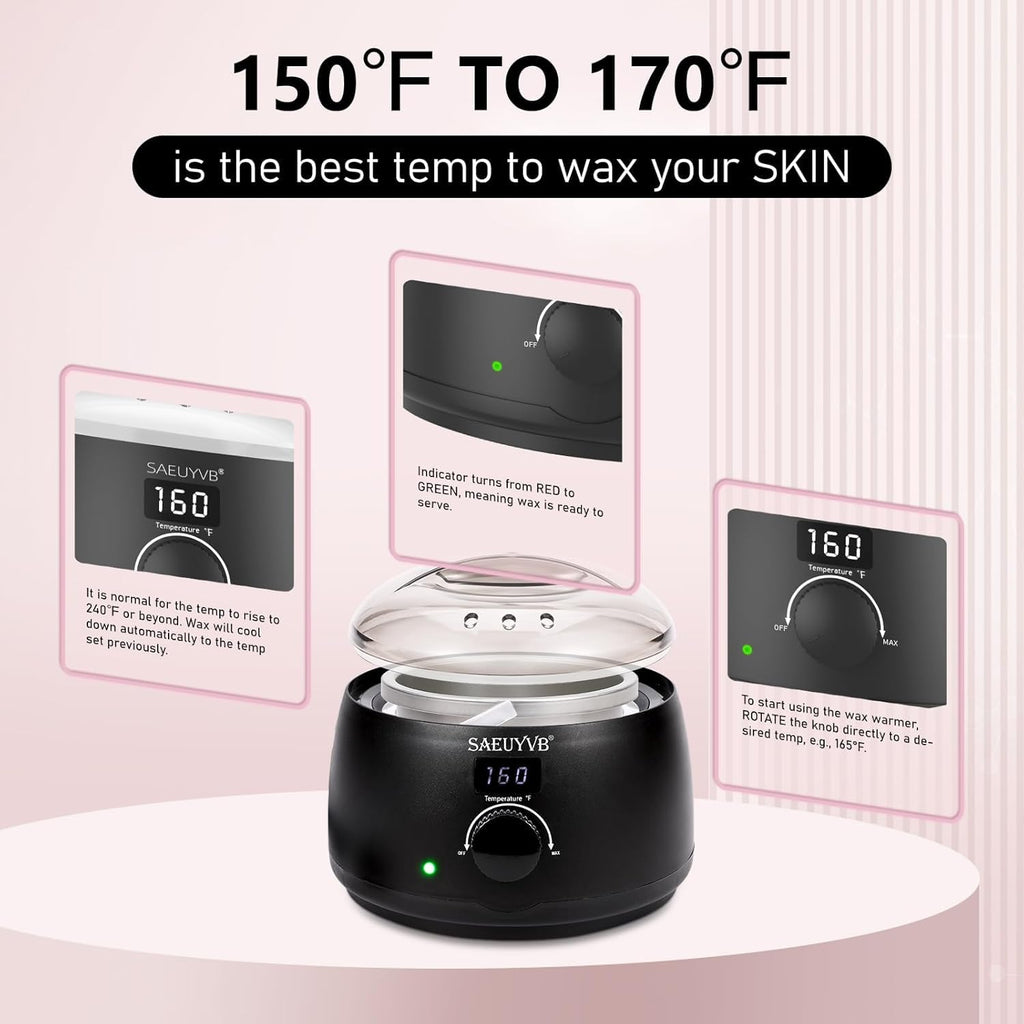 Waxing Kit for Women - Premium Hot Melt Hard Wax Warmer for Hair Removal, Eyebrow, Bikini, Legs, Face, Brazilian Wax - Machine, 5-Pack Beads, Accessories, Black