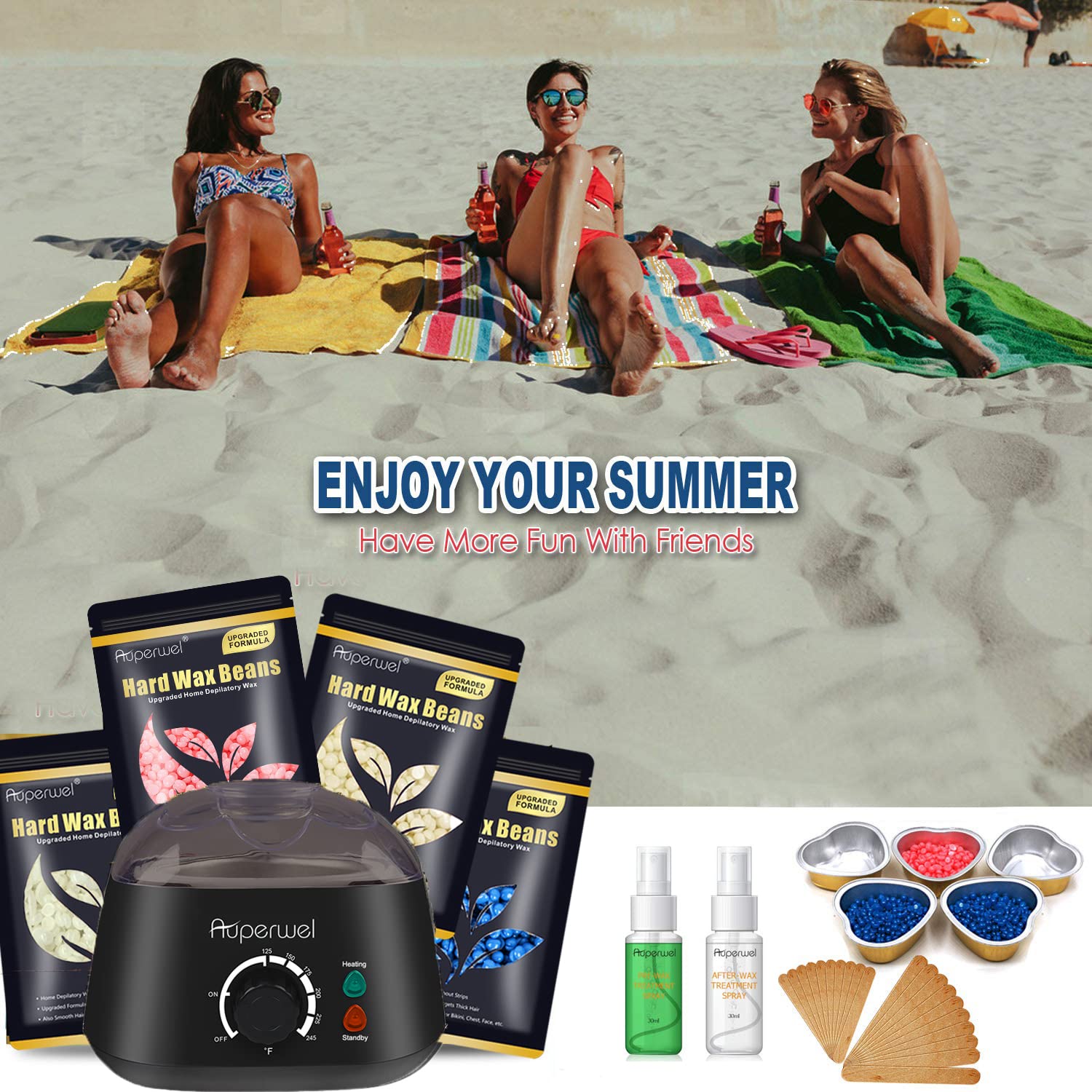 Auperwel Waxing Kit for Women - Automatic Thermostatic Wax Warmer for Hair Removal, Includes 14.1oz Wax Beads, Beginner-Friendly, Perfect for Full Body Waxing