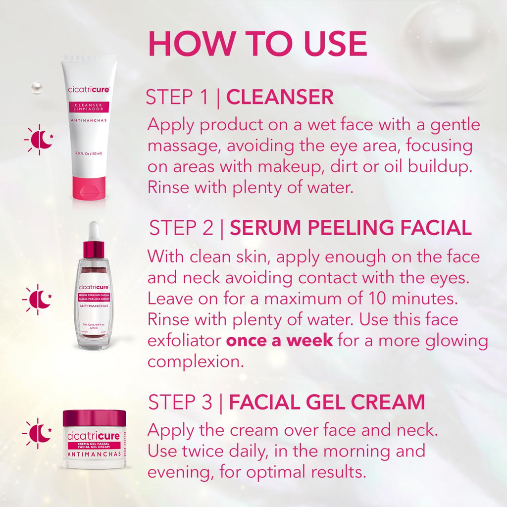 Cicatricure Antimanchas Skin Care Kit: AHA & PHA Exfoliating Face Wash, Brightening Serum, and Moisturizing Gel Cream - Dark Spot Reduction, Enhanced Glow, Paraben & Sulfate-Free