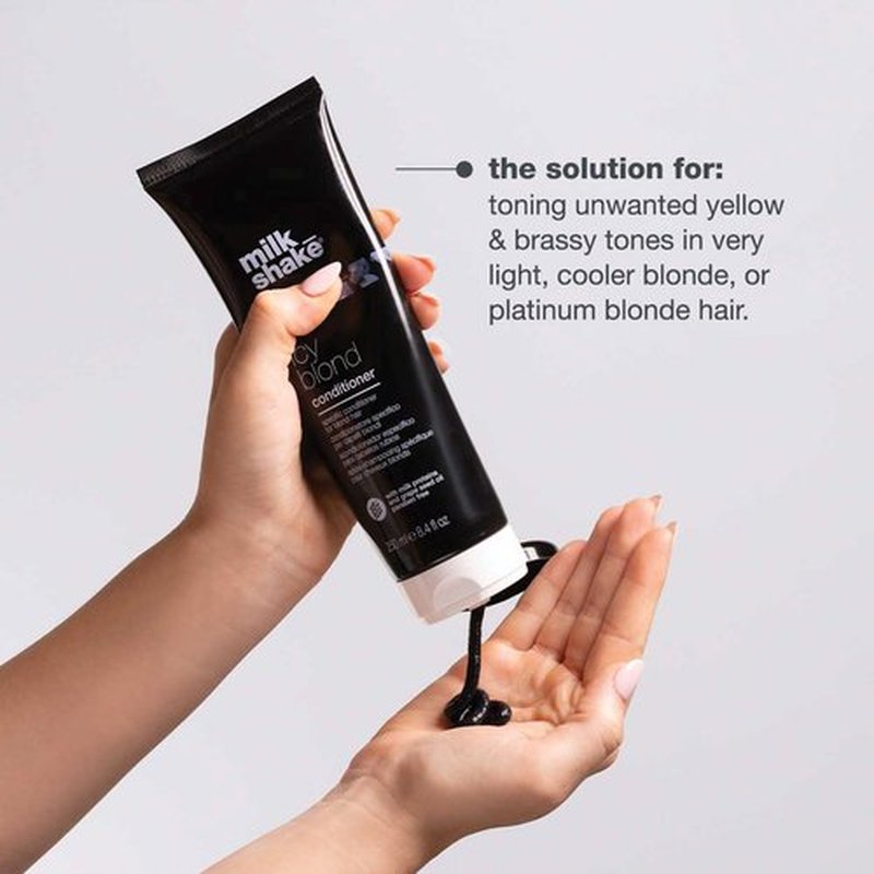 milk_shake icy blond conditioner | award winning toning conditioner with black pigment to neutralize yellow and brass in platinum blonde hair | hydrates and brightens cool tones 1.7 fl.oz