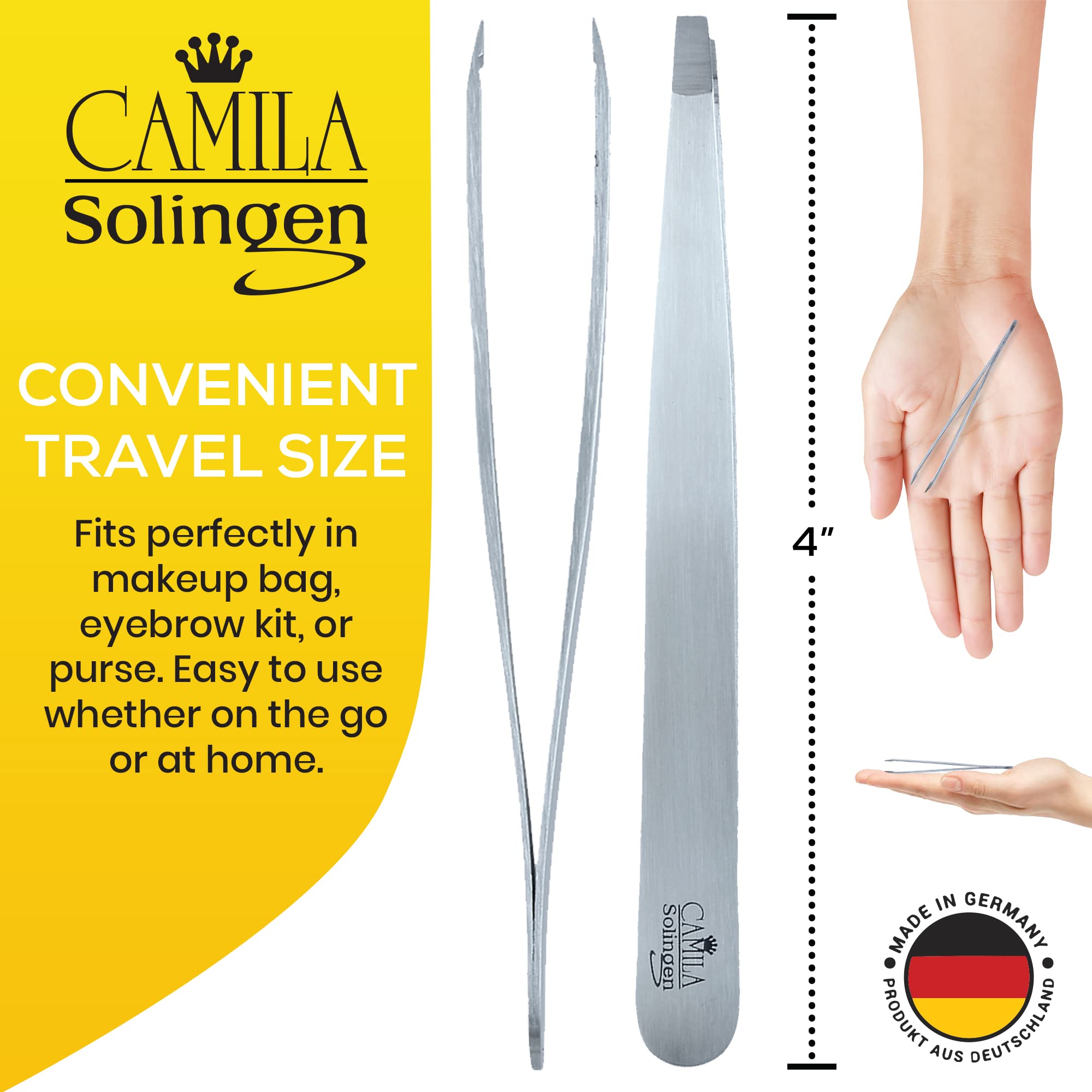 Camila Solingen CS26 4" Professional Surgical Grade Stainless Steel Precision Tip Eyebrow Tweezers for Facial Hair Shaping & Removal. Beauty Tool for Men/Women. Made in Solingen Germany (Straight)