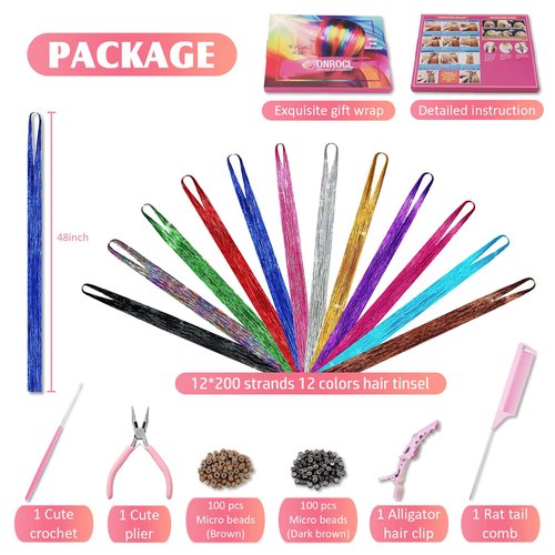 Hair Tinsel Kit with Tools and Instruction Easy to Use 12 Colors 2400 Strands 48 Inches Tinsel Hair Extensions for Women and Girls, Glitter Sparkling Shinny Fairy Hair Accessories for Party