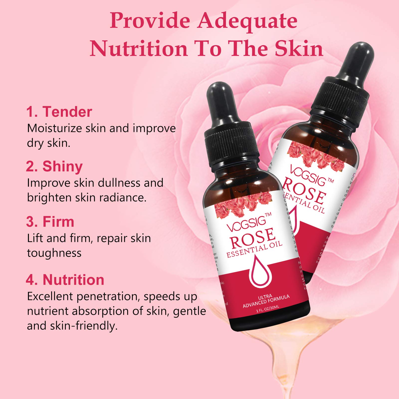VOGSIG Rose Essential Oil 30ml - Aromatherapy, Skin Moisturizing, Anti-Aging, Reduce Pigmentation, Quickly Absorbed