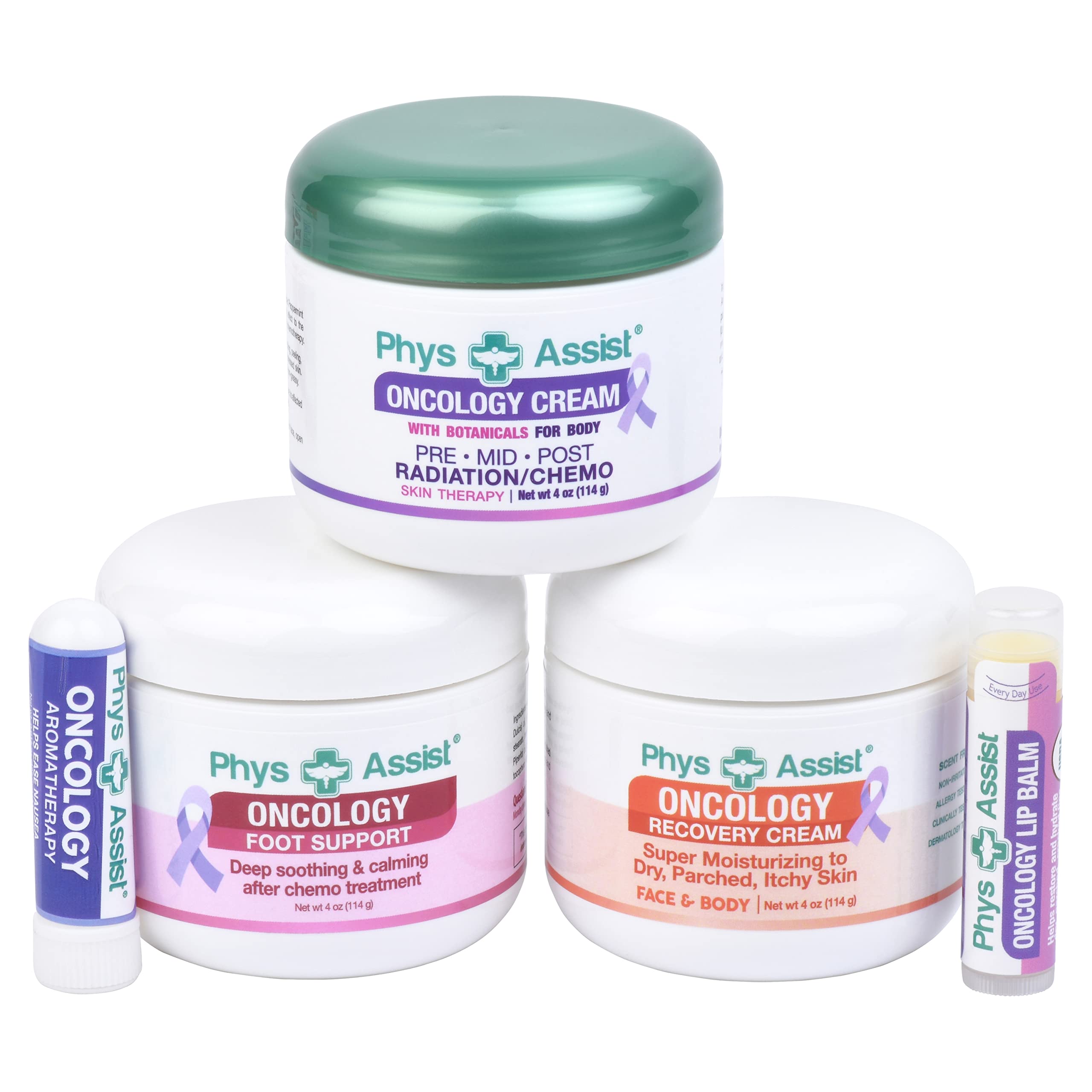PhysAssist Bundle Oncology Kit - Comfort Kit For Chemo Patients. Essentials for Face, Body & Feet. Includes Oncology Botanicals, Recovery and Foot Support. (3-4 oz), lip balm and nausea inhaler