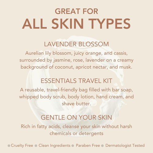 Dionis Goat Milk Lavender Blossom Hand Cream, Body Lotion, Whipped Body Scrub, Shave Butter, Bar Soap 3 oz & Carrying Case 6-Piece Travel Set