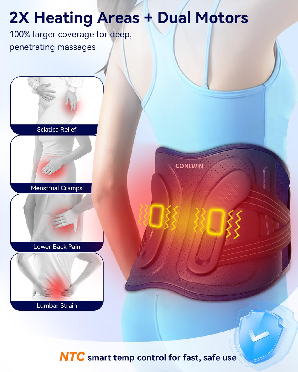 CONLWIN 68" Cordless Heating Pad for Back Pain Relief, Lower Back Massager