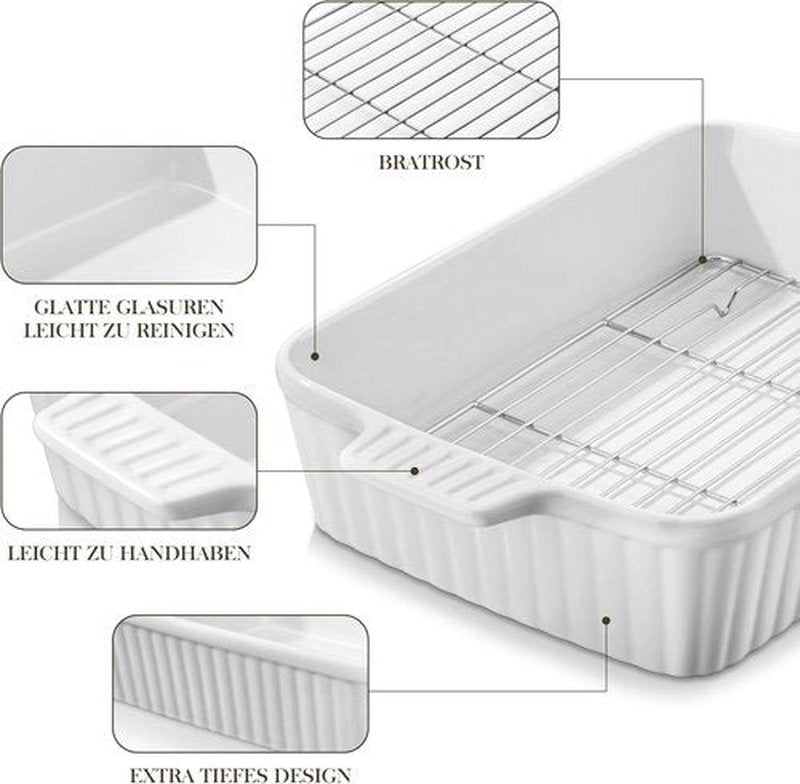 MALACASA 4.4 QT Ceramic Baking Dish - Large 9x13 Casserole Pan with Rack & Handles | Oven & Microwave Safe, White