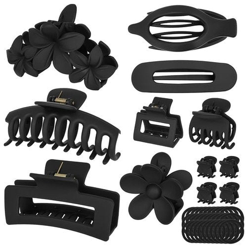 Hair Clips for Women: Non-Slip Strong Hold Jaw Claw Clips for Thin Thick Curly Hair, Classic Black Hair Claw Set Include Large, Square, Flower, Flat & Small Clips as Christmas Gift 12Pack(Set A)