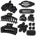 Hair Clips for Women: Non-Slip Strong Hold Jaw Claw Clips for Thin Thick Curly Hair, Classic Black Hair Claw Set Include Large, Square, Flower, Flat & Small Clips as Christmas Gift 12Pack(Set A)