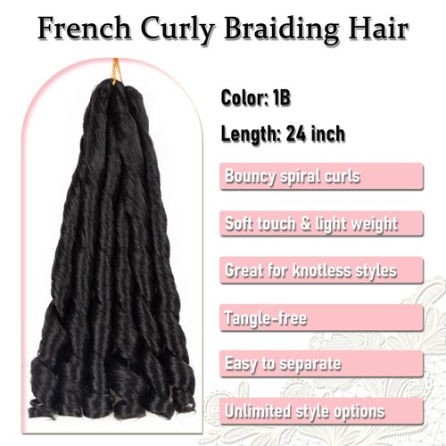 French Curl Braiding Hair 24 Inch Knotless French Curl Braids Pre-stretched Bouncy Loose Wave Sprial Curly Ends Soft as Human Hair Wavy Black Curly Braiding Hair Extensions for Boho Box Braids Twists