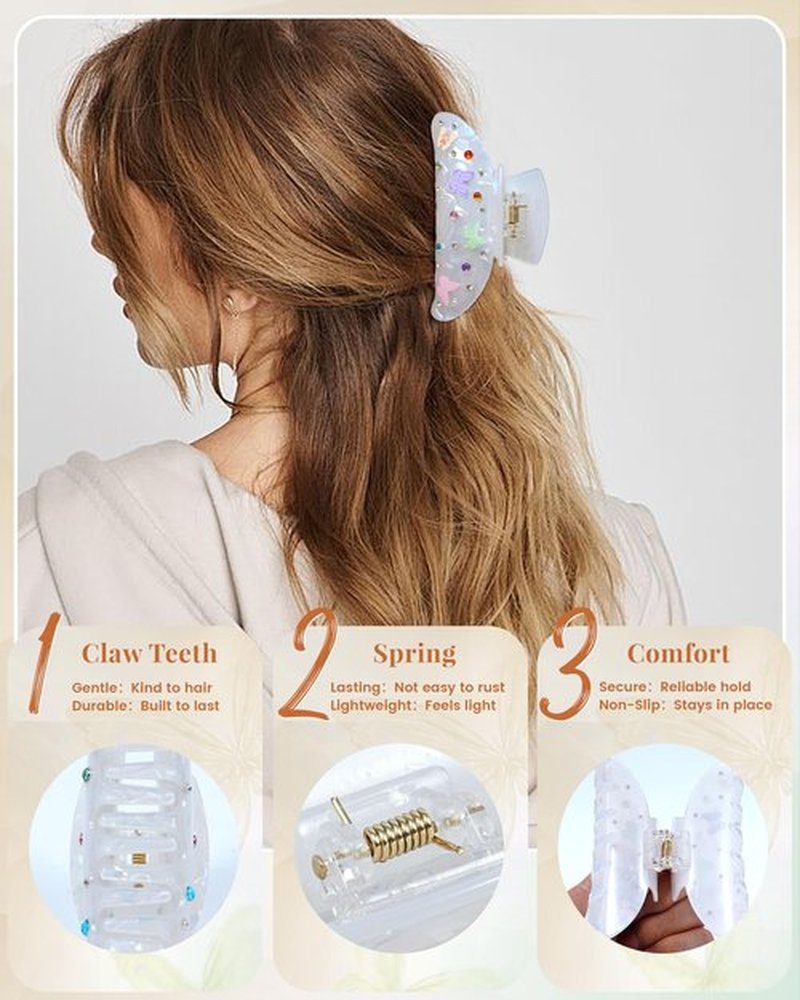 Mesovor 3 Pack Bow Printed Hair Claw Clips, Non-slip 3.74" Medium Hair Grip Clawclips with Colored Zircon | Acrylic Strong Hold Jaw Banana Clips (Blue, Purple, White)