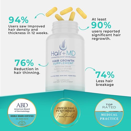 Hair Plus MD Hair Growth Supplement - Supports Density & Growth with Collagen & Vitamins | 120 Capsules