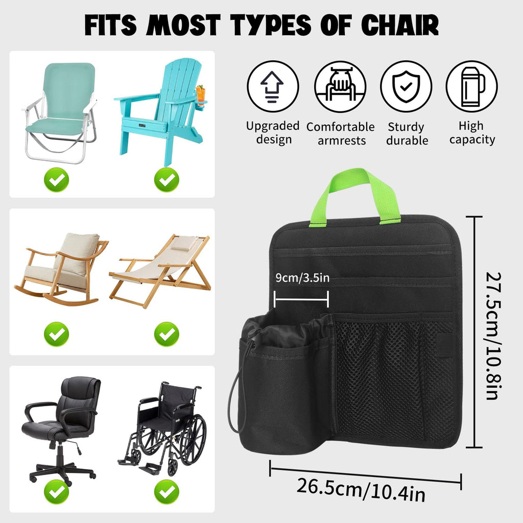BOHEMIABY Beach Chair Cup Holder Attachment with Insulated Sleeve & 5 Pockets, Adjustable Armrest Organizer Caddy for Lawn Chairs, Camping, Stadium, Office (Black)