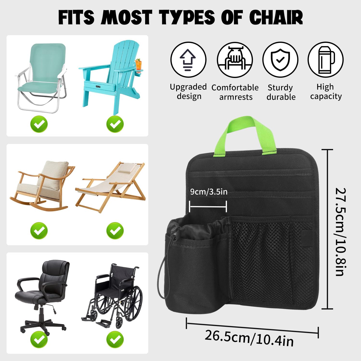 BOHEMIABY Beach Chair Cup Holder Attachment with Insulated Sleeve & 5 Pockets, Adjustable Armrest Organizer Caddy for Lawn Chairs, Camping, Stadium, Office (Black)
