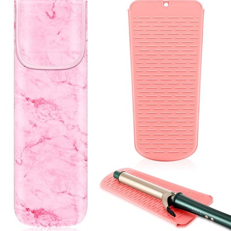 Shappy 2 Pcs Curling Iron Travel Case Cover Heat Resistant Flat Iron Holder Case Sleeve Neoprene Straightener Holder and Silicone Hot Hair Tools Mat Bag(Pink Marble Style)