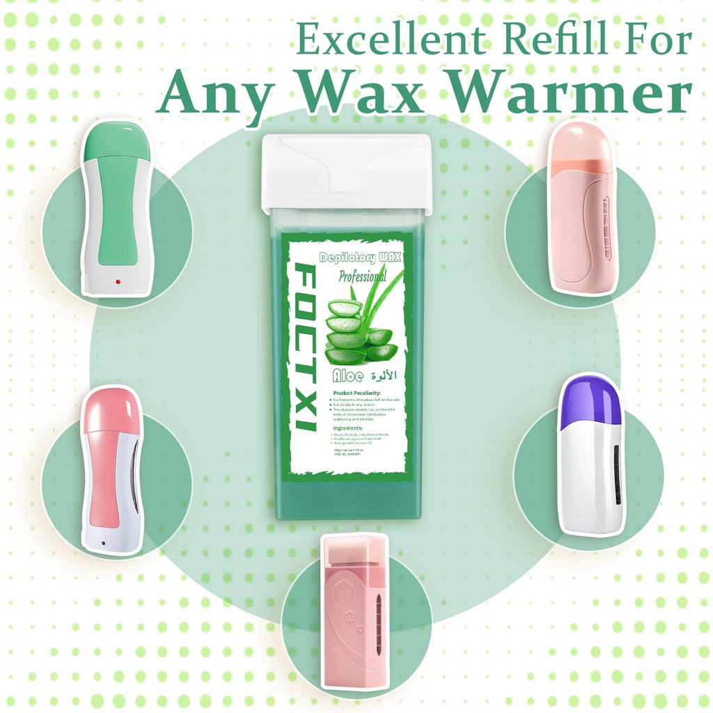 FOCTXI Roll on Wax Cartridge, 4 Hair Removal Aloe Vera Ｗax Cartridge with 10 Pack Cleaning Oil Wipes, Depilatory Wax Roller Refill for Women Sensitive Skin