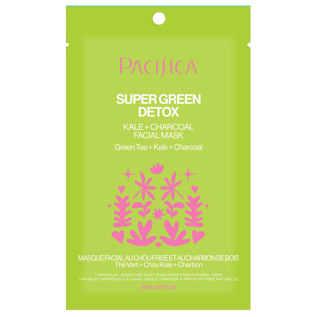 Pacifica Super Green Detox Sheet Mask – Charcoal, Kale & Clay Pore Cleansing Mask for Oily, Blemish-Prone Skin, Deep Detox Facial Mask, Vegan