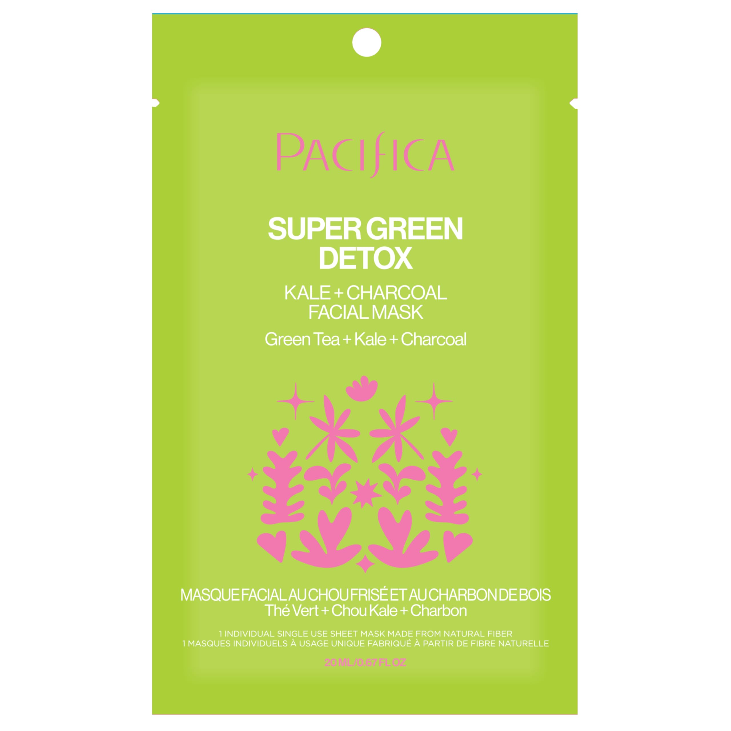 Pacifica Super Green Detox Sheet Mask – Charcoal, Kale & Clay Pore Cleansing Mask for Oily, Blemish-Prone Skin, Deep Detox Facial Mask, Vegan