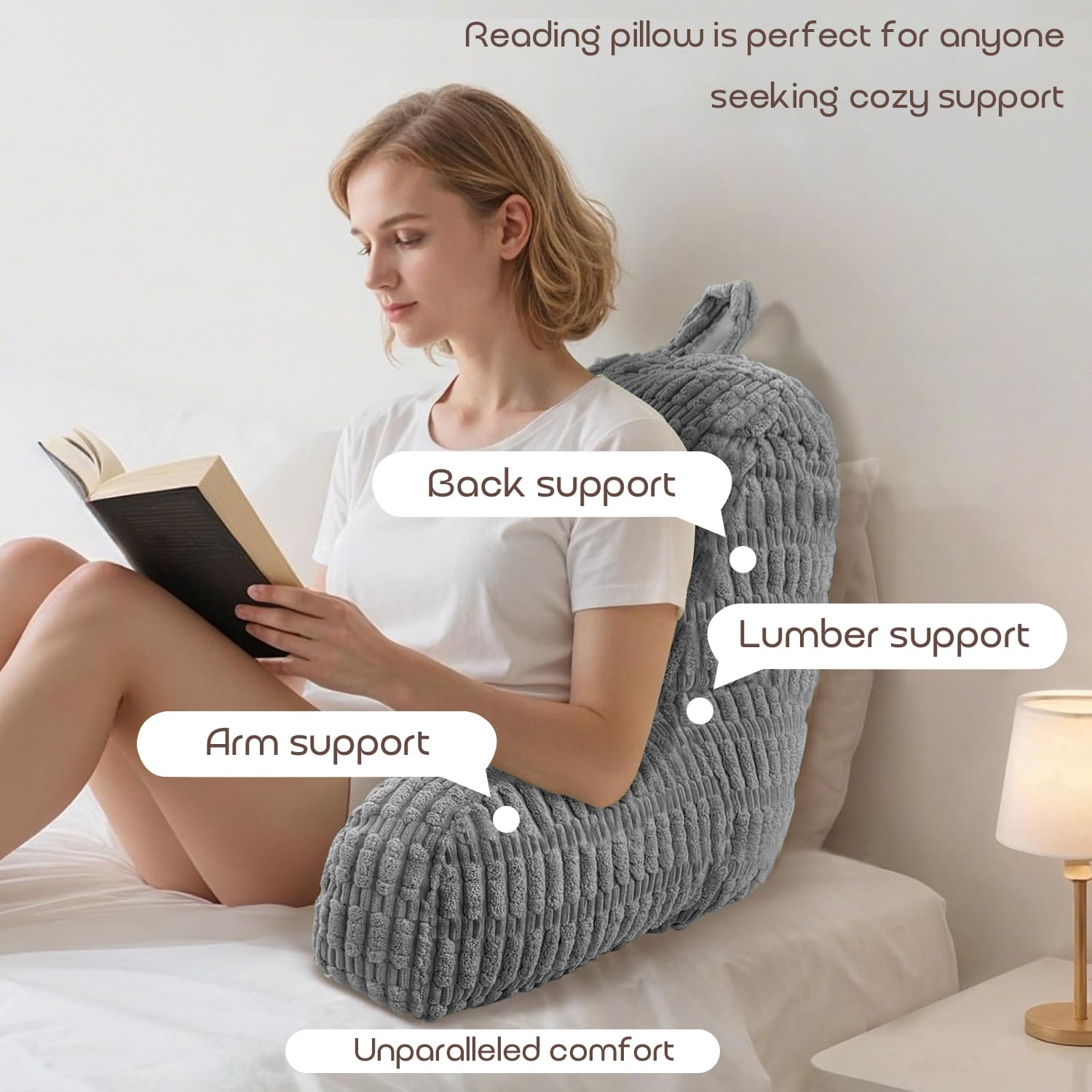 MIJIMO Reading Pillows for Sitting in Bed Adult, Back Rest Pillow for Sitting Up in Bed and Couch, Back Support Chair Pillow Support for Adult Backrest Pillows for Reading (Dark Grey)