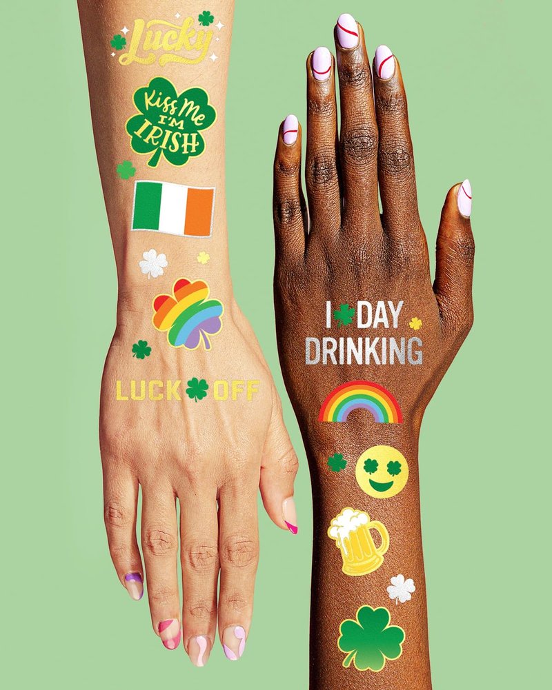 xo, Fetti St Patricks Day Temporary Tattoos - 54 Glitter Styles | Shamrock Supplies, Kiss Me I'm Irish Party, St Patty's Day, Leprechauns Arts and Crafts
