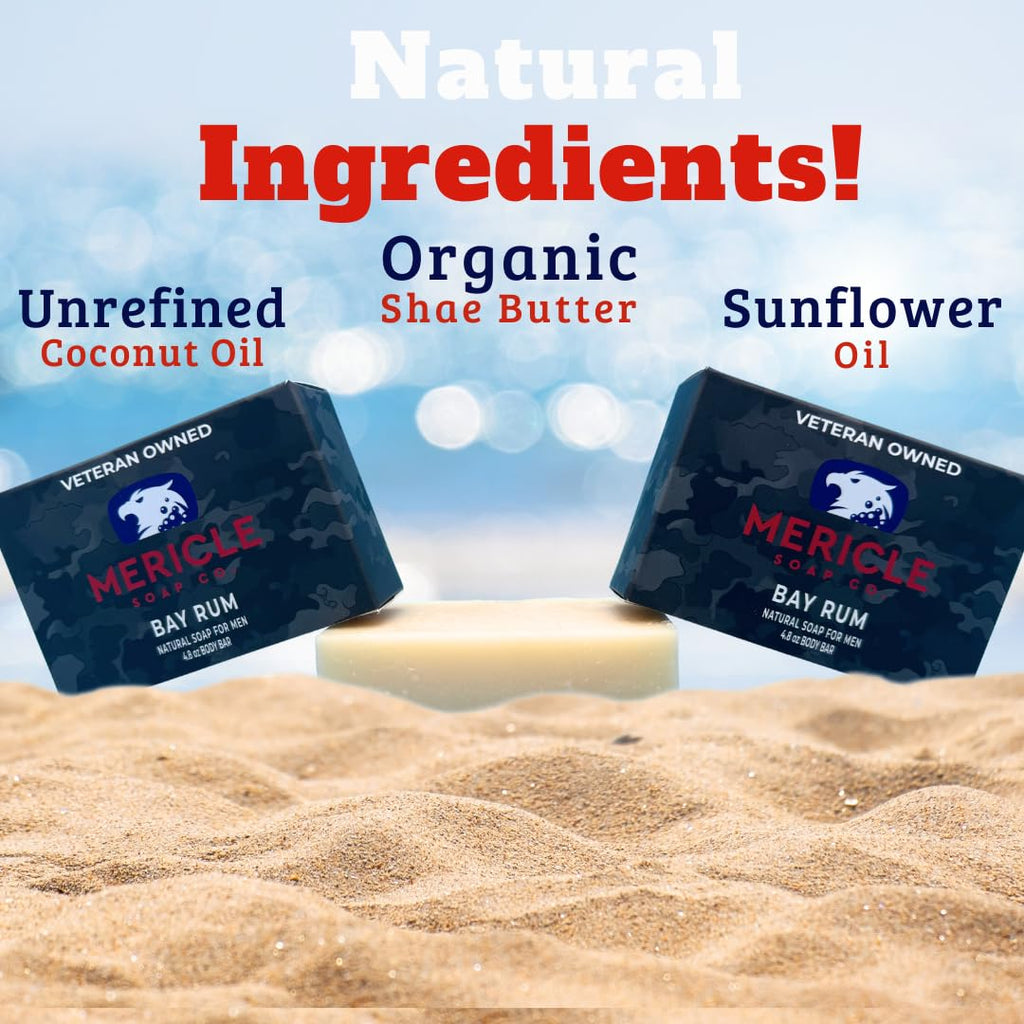 Mericle Soap Co. All Natural Bar Soap, 3 Bar Variety Pack- Bay Rum, Sweet Tobacco, & Pine Tar | Fan Favorites | Made in the USA | Veteran-Owned | Ideal for Men