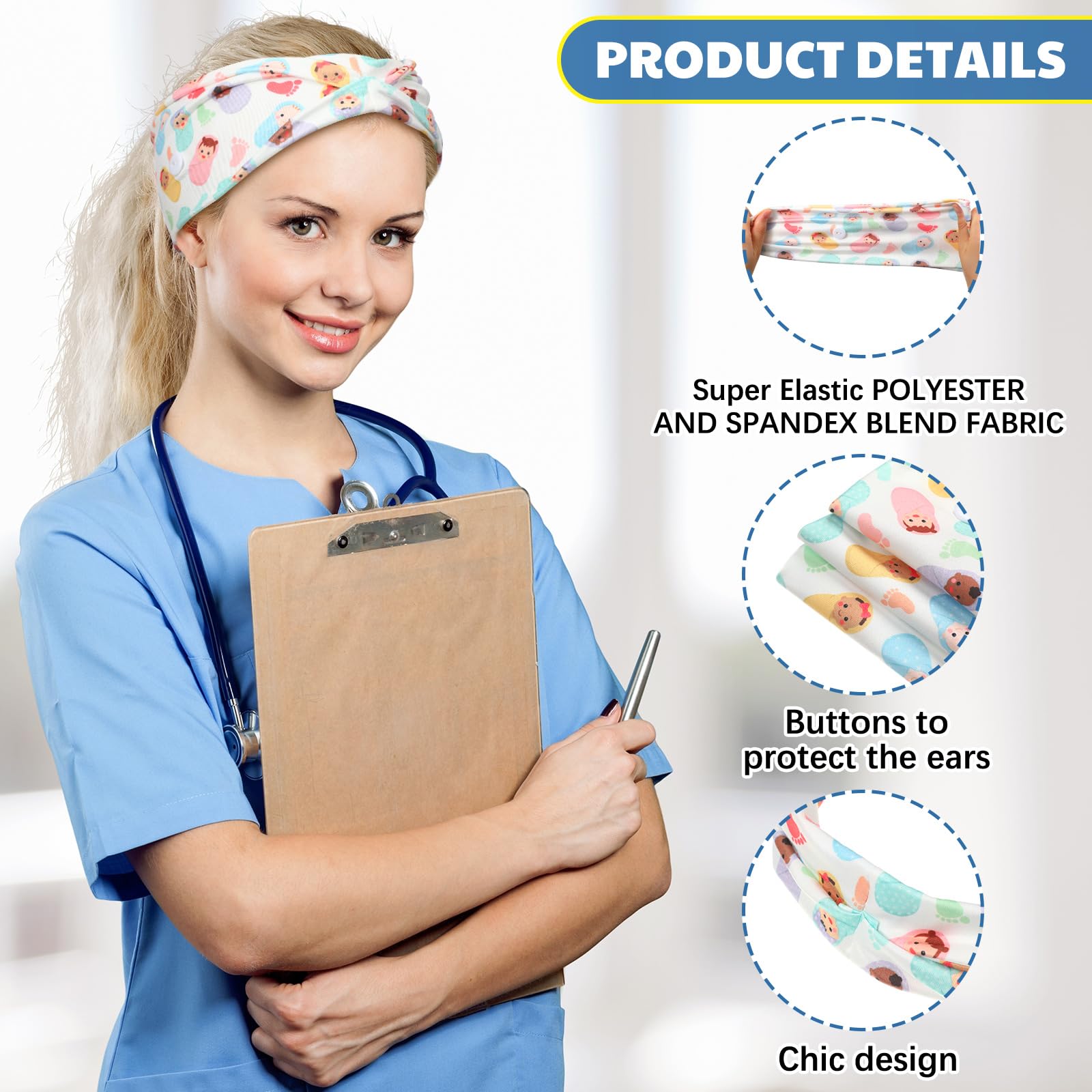 Yearntown 12 Pcs Labor and Delivery Nurse Headbands for Women Non Slip Nursing Headbands with Buttons for Mask Work Accessories Ear Protection Hair Bands Gift for Nicu Obstetrics Nurse Doctor