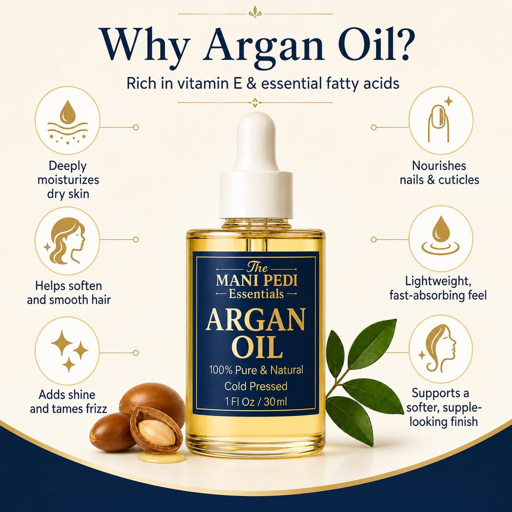 The Mani Pedi Essentials TMPE Argan Oil for Hair & Skin – 100% Pure Cold-Pressed Argan Oil, Lightweight Non-Greasy Hair Oil for Dry Damaged Hair, Face & Body Moisturizing Oil, Daily Use – 1 fl oz