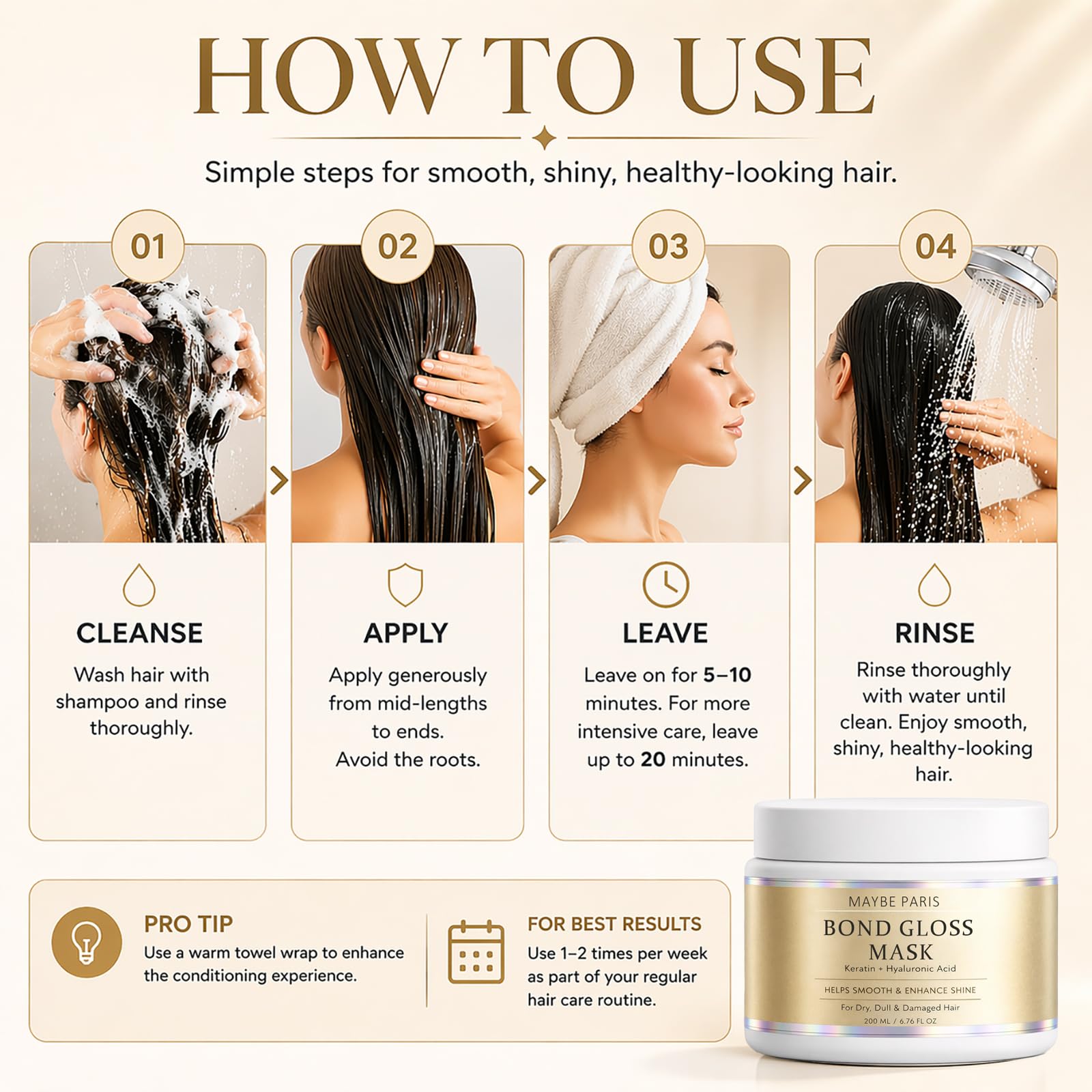 BCYXLR Maybe Paris Bond Gloss Mask, with Hydrolyzed Keratin & Hyaluronic Acid, Helps Support Stronger, Smoother & Shinier Looking Hair, for Dry, Dull & Damaged Hair, Sulfate-Free & Silicone-Free (1)