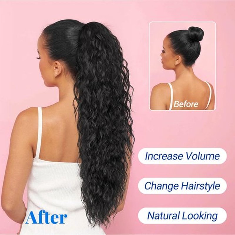 KooKaStyle Ponytail Extension 30 Inch Drawstring Pony Tails Hair Extensions for Women Long Curly Ponytail Synthetic Hairpieces for Daily Use（Black-1B）
