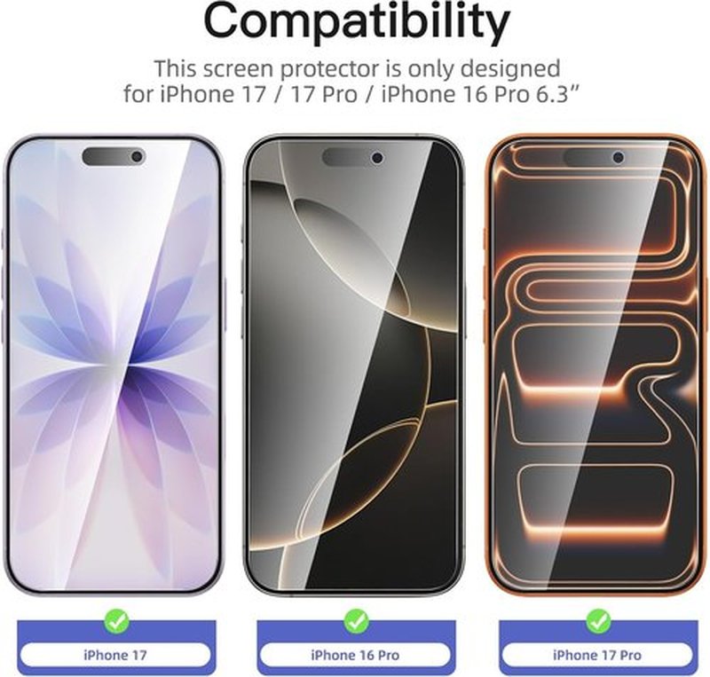 NEW'C iPhone 17 & 16 Pro Screen Protector - 3 Pack Tempered Glass, Easy Installation Tool Included | Ultra Resistant & Case Friendly