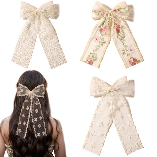 LFOUVRE Beige Lace Hair Bows with Embroidered Flowers - Bowknots, Barrettes, and Hair Clips with Long Tails for Women (3pcs)