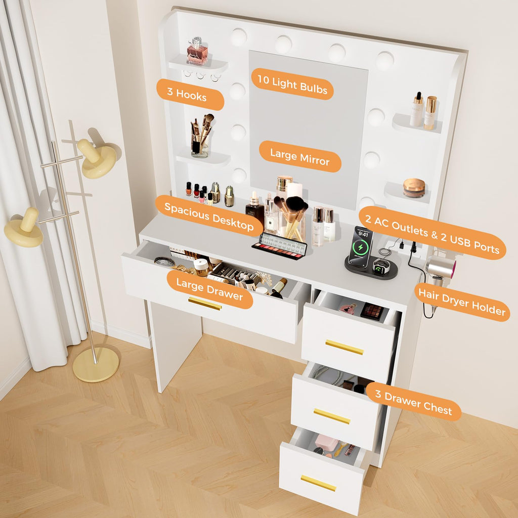 HABIUBIU 35 Small Vanity Desk with Mirror and Lights,10 Lights,3 Color Modes,Makeup Vanity Desk with 4 Storage Shelves 4 Drawers and Power Outlet,White vanitys-New Upgraded Quality