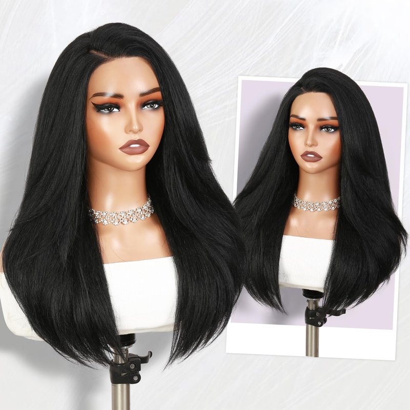 WIGER Straight Lace Frontal Wigs for Black Women Yaki Straight Layered Wigs 13X6 HD Lace Front Wig Long Synthetic Blow Out Hair for Daily or Events Salon-trimmed Hairstyle