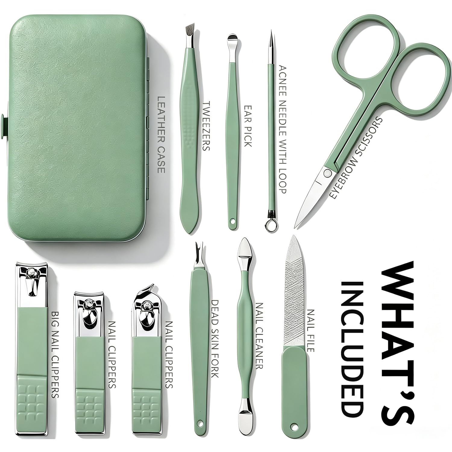 HANTEKAS Manicure Set 10 in 1 Stainless Steel, Nail Clippers Scissors Pedicure Tools Kit - Portable Travel Grooming Kit for Men and Women with Leather Case (Jade Green)