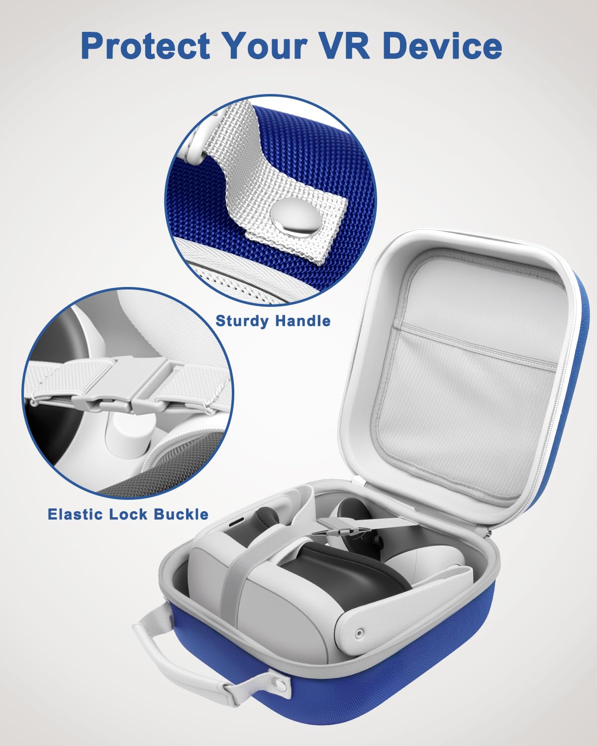 Krypthos Hard Carrying Case Compatible with Meta Quest 3S/Quest 3/Quest 2/Vision Pro, Portable VR Gaming Headset and Touch Controllers Case with Lens Protector, Suit for Travel and Home Storage (Blue)
