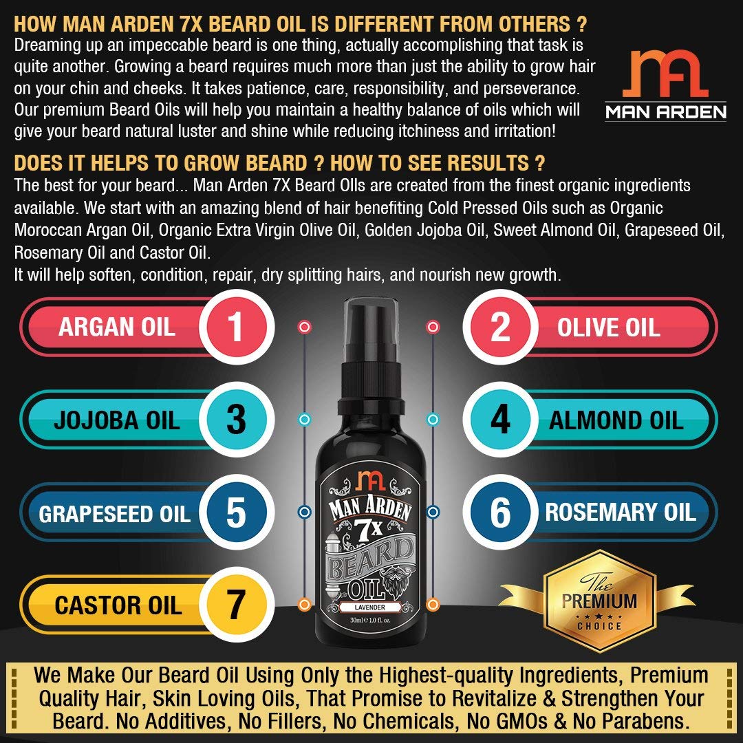 Man Arden 7X Beard Oil (Lavender) 30ml, 7 Premium Oils For Beard Growth & Nourishment