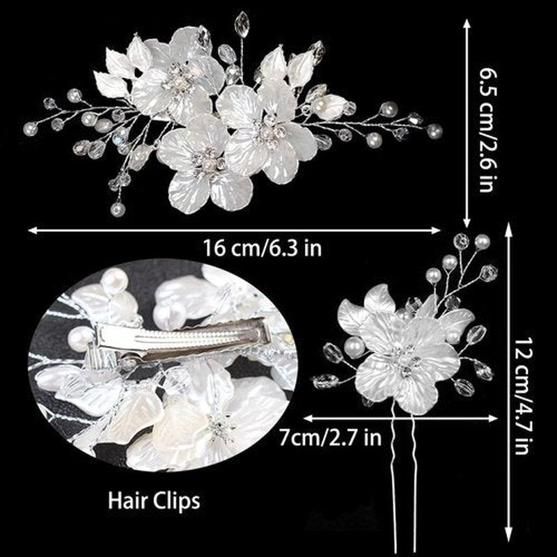 3 PCS Large Flower Bridal Wedding Hair Pins Crystal Pearl Hair Clips Headpiece Bride Hair Accessories Jewelry with Rhinestone, Glitter Emboss White Flower