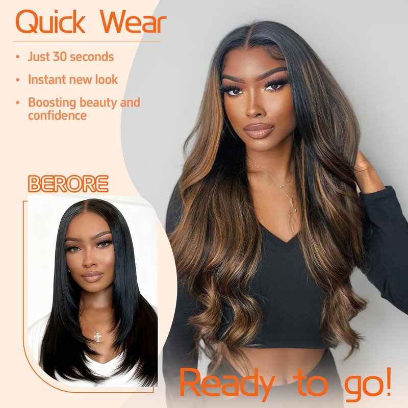 Walsdi Glueless 5x5 HD Lace Front Wig Synthetic Body Wave 28 Inch Ready to Wear Honey Blonde Highlights Black Roots Pre Cut Lace Closure Wig for Women Beginner Friendly Easy Install