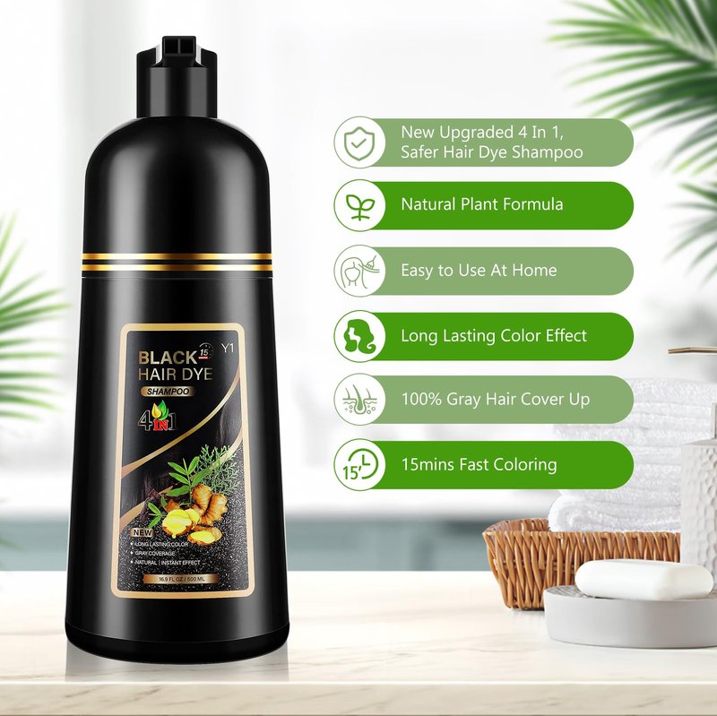 YUOLITA 4 in 1 Black Hair Dye Shampoo for Gray Hair, Semi-Permanent Instant Hair Color Shampoo for Women and Men, Herbal Ingredients Hair Care, 100% Grey Coverage 500ml