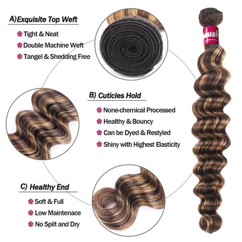 Highlight Brazilian Human Hair Bundles with Closure (12/14/16+12inch) Unprocessed Loose Deep Wave 3 Bundles Human Hair with 4x4 Swiss Lace Closure Pre Plucked, Ombre Honey Blonde Brown Curly Bundles