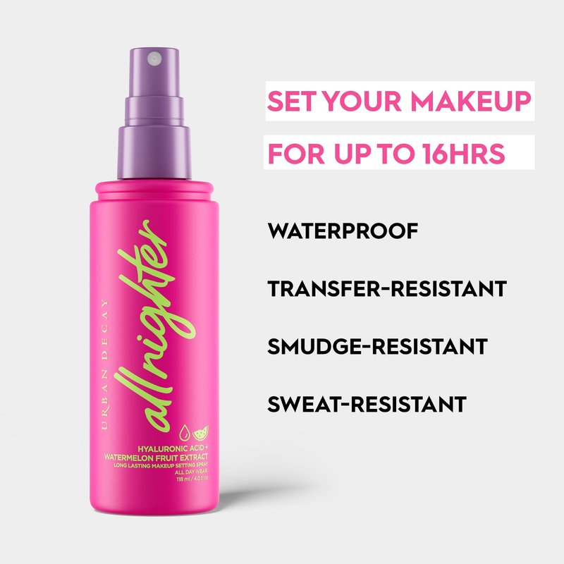 Urban Decay All Nighter Hyaluronic Acid Waterproof Dewy Setting Spray for Face (Travel Size), Luminous Glowy Look, Long-lasting, Smudge-proof & Transfer-resistant Makeup, Watermelon Scent - 1 fl oz
