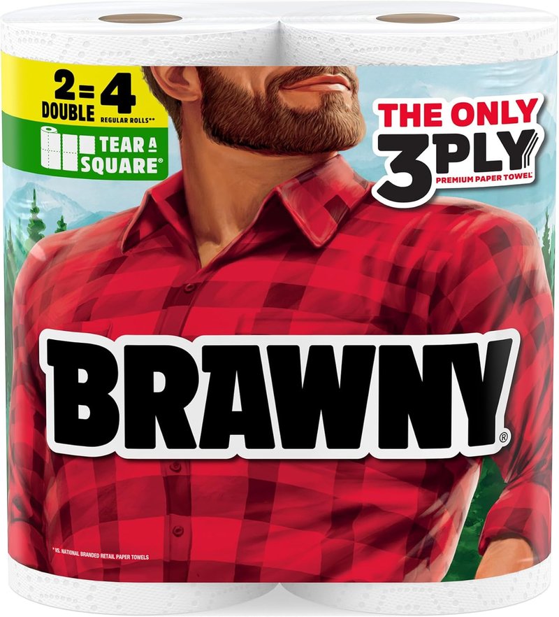 Brawny 3-Ply Tear-A-Square Paper Towels - Strong, Absorbent & Durable | 2 Double Rolls = 4 Regular Rolls