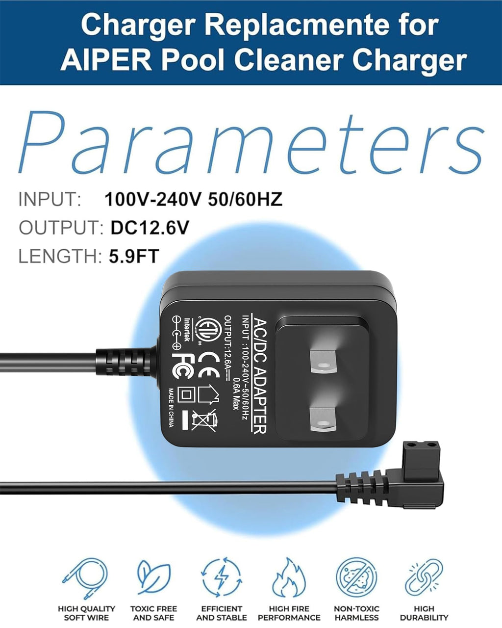 WUKUR 12.6V Charger for AIPER Seagull 600 SE 1000 1500 P1111 Pilot H1 for AIPURY 1500 Cordless Pool Vacuum Cleaner AC Adapter with 5.9FT Power Cord for HJ1103J HJ1102