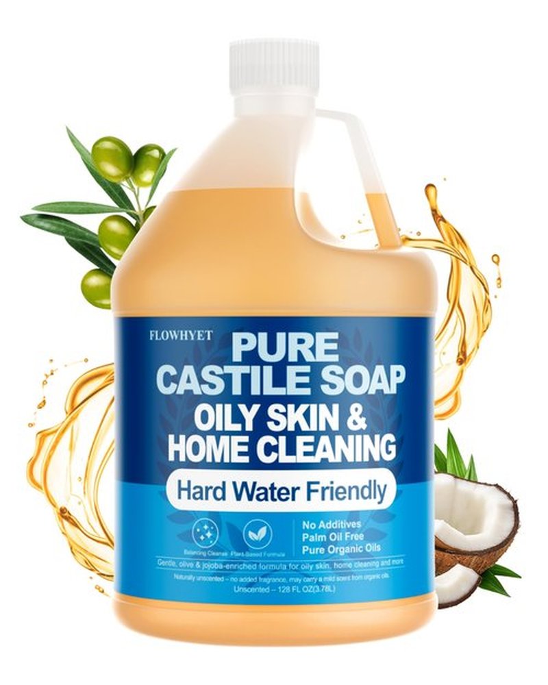 FLOWHYET Pure Castile Soap Liquid Unscented 1 Gallon(128 fl oz) Refill,EWG Verified Organic Body Wash Bath Soap Castile Liquid,Hard Water Oily Skin Friendly for Body, Face, Hand, Home Cleaner